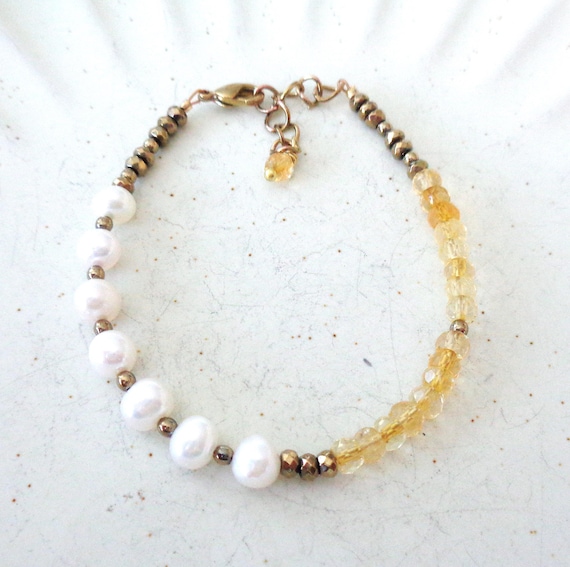 Citrine and Freshwater Pearl Bracelet, November Birthstone Jewelry
