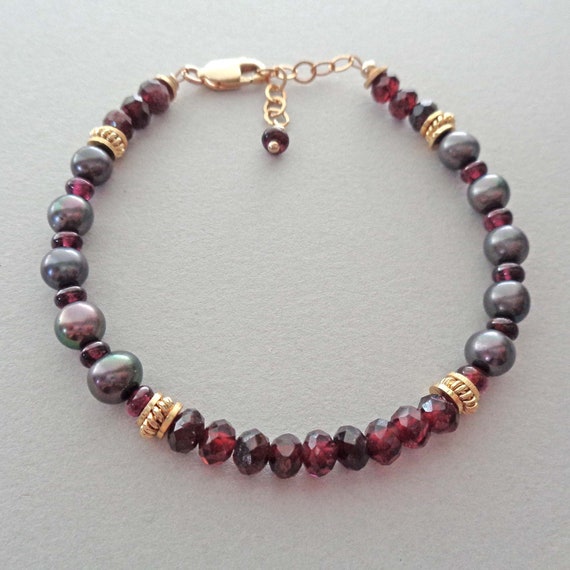 Gray Peacock Pearls & Garnet Gold Fill Bracelet / Elegant Evening Jewelry / January Birthday Gift