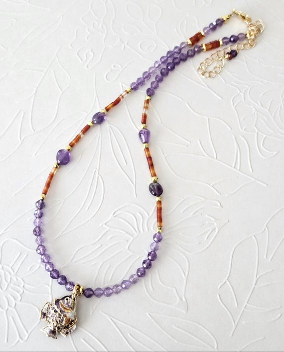 Amethyst Carnelian Purple Fish Beaded Necklace in Gold