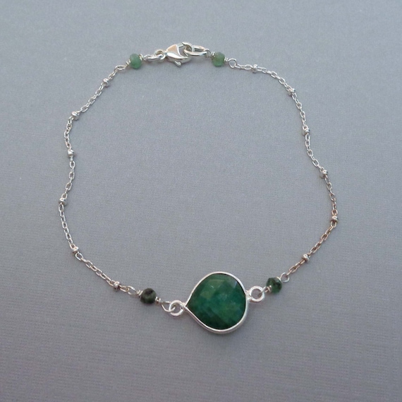 Dainty Emerald Sterling Silver Bracelet / May Birthstone Jewelry / Natural Emerald / Gemstone Jewelry