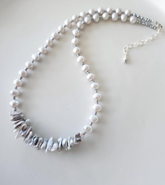 Glam Keshi Pearl Necklace: Gray Potato Pearls, Sterling Silver Clasp, Elegant Wedding Jewelry