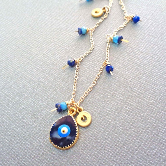 Evil Eye Necklace with Lapis Lazuli and Apatite / Protection Jewelry / Gold Evil Eye Jewelry / Protection Gift