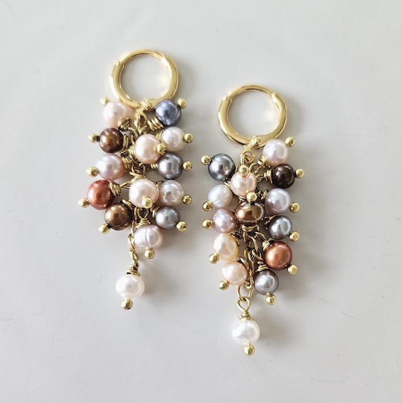 Freshwater Pearls Cluster Drop Earrings Huggie Hoops