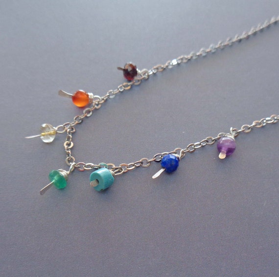 Dainty 7 Chakra Necklace / Chakra Silver Necklace / Rainbow Gemstone Jewelry / Gold Fill Dainty Colorful Necklace