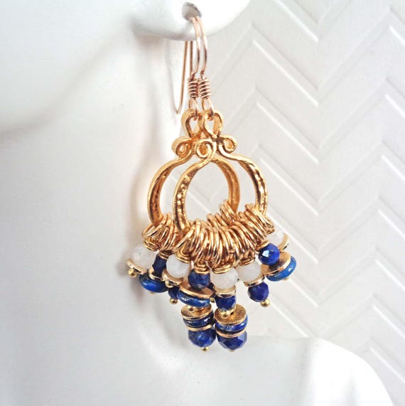 Lapis Lazuli & Moonstone Dangle Hoop Earrings