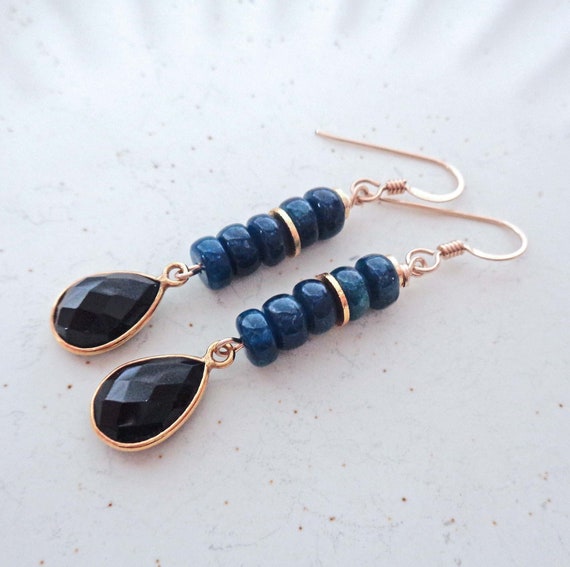 Glam Black Onyx & Dark Blue Apatite Stack Earrings / Luxe Gemstone Drops / Evening Wear Earrings