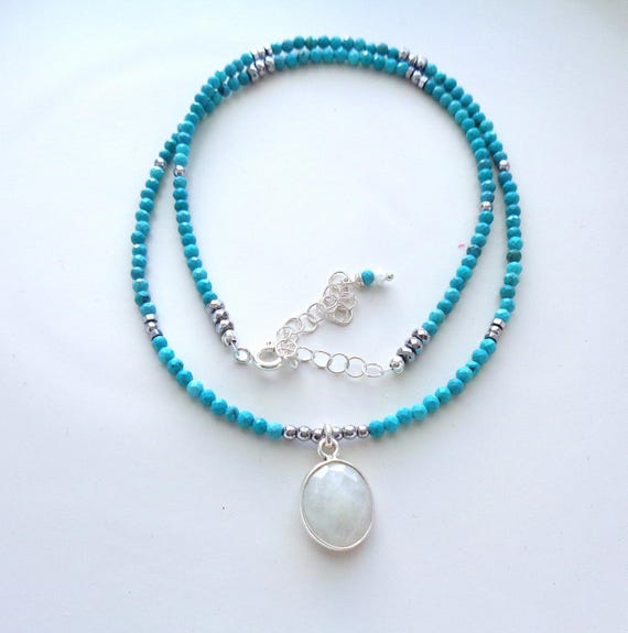 Moonstone Pendant and Turquoise Necklace / Dainty Turquoise Sterling Silver Jewelry / December or June Birthday Gift