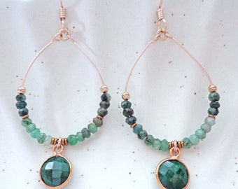 Natural Emerald Gold Fill Hoop Earrings / Hand formed Hoops / Genuine Emerald Jewelry / May Birthstone Gift