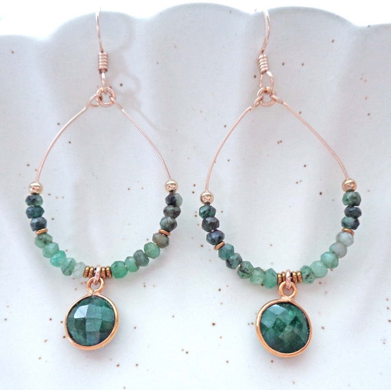 Natural Emerald Gold Fill Hoop Earrings / Hand formed Hoops / Genuine Emerald Jewelry / May Birthstone Gift