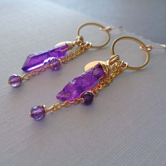 Purple Crystal and Amethyst Earrings / Purple Moon Hoop Dangle / Long Crystal Earrings