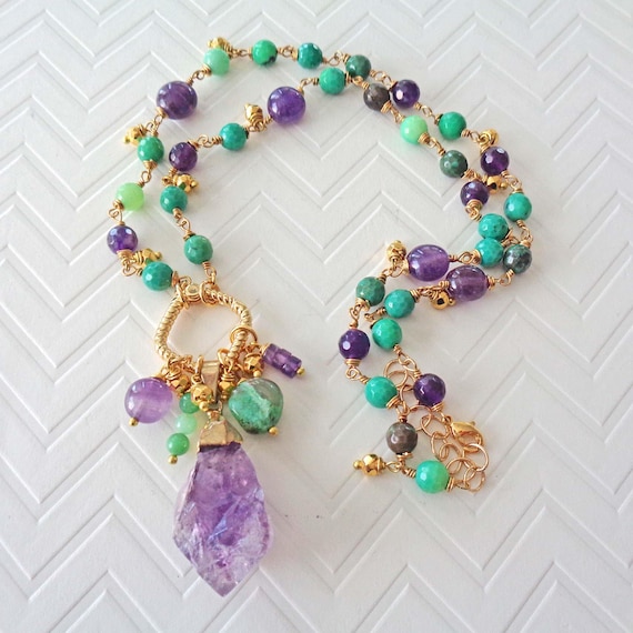 Raw Amethyst & Australian Green Chrysoprase Pendant / Wire-wrapped Gemstones Carabiner Clasp / Glam Colorful Necklace