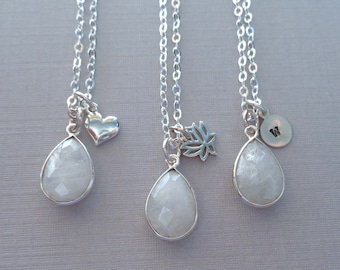 Sterling Silver Moonstone Necklace / Personalized Initial / June Birthstone Gift / Lotus Heart Charm / Gemini Stone