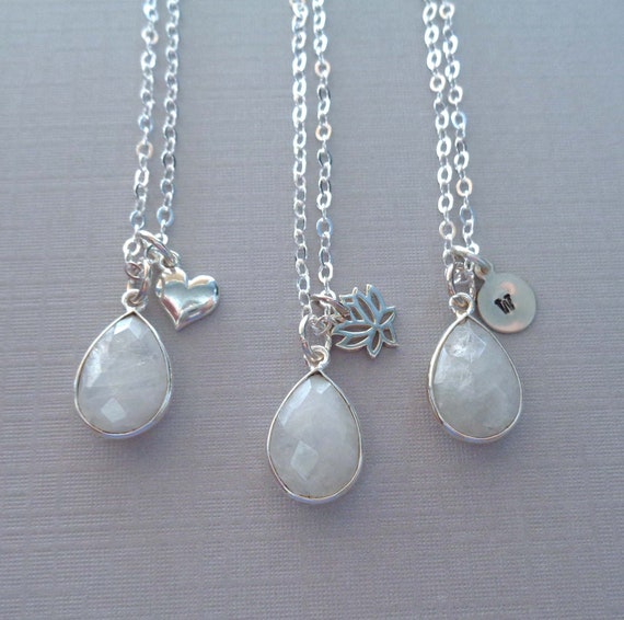 Sterling Silver Moonstone Necklace / Personalized Initial / June Birthstone Gift / Lotus Heart Charm / Gemini Stone