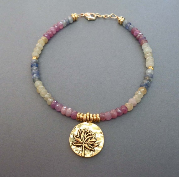 Tourmaline Lotus Beaded Bracelet / Multi-color Tourmaline Gold / Natural Stone Jewelry / Lotus Charm