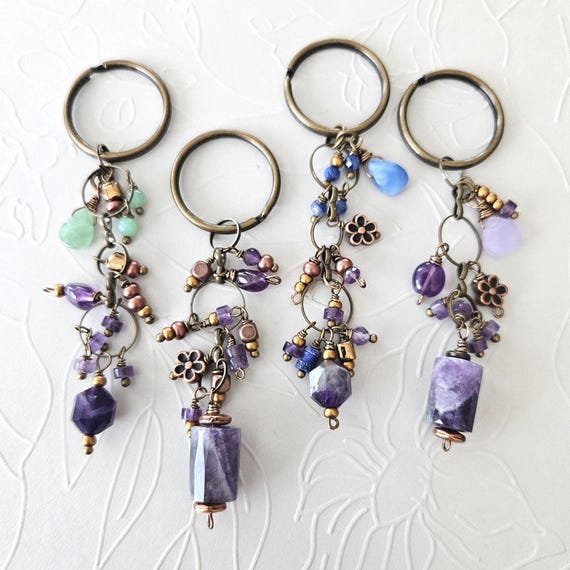 Whimsical Amethyst & Chalcedony Key Ring Purse Charm