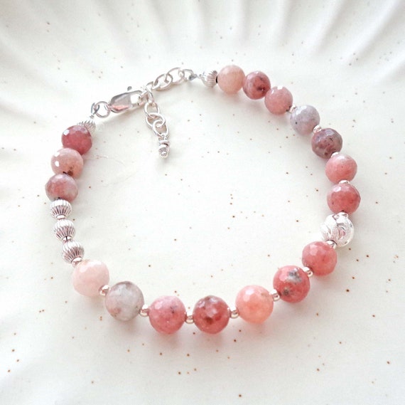 Plum Blossom Jasper Sterling Silver Bracelet - Pink Mauve Soft Brown Jasper Bracelet - Supreme Nurturer Crystal