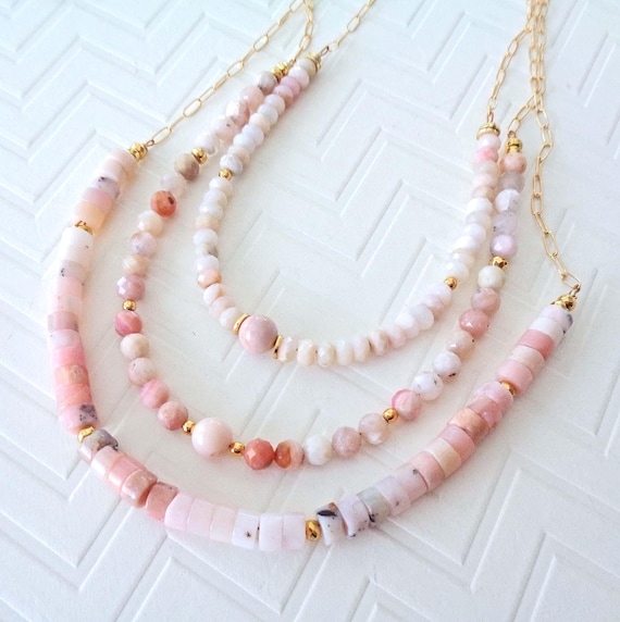 Pink Opal and Gold-Fill Paperclip Necklace / October Birthstone Gift / Genuine Gemstone Jewelry