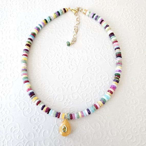 Colorful Jade Beaded Necklace with Yellow Jade Pendant
