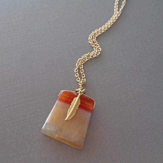 Carnelian Necklace with Gold Feather / Large Carnelian Ladder Jewelry / Colorful Necklace / Stone of Creativity & Courage