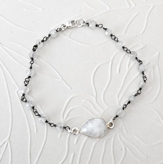 Sterling Silver Moonstone Bracelet / Wire-wrapped Oxidized and Shiny Silver