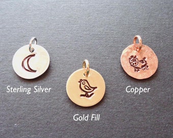 Add-on Design Stamp Charm- Copper Sterling Silver Gold Fill Charm- Moon Animals Bird Heart Design