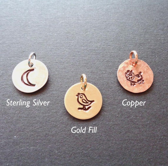 Add-on Design Stamp Charm- Copper Sterling Silver Gold Fill Charm- Moon Animals Bird Heart Design