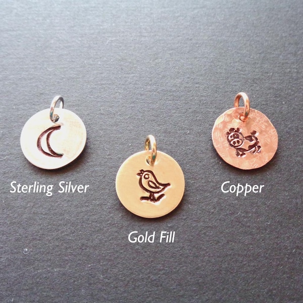 Add-on Design Stamp Charm- Copper Sterling Silver Gold Fill Charm- Moon Animals Bird Heart Design