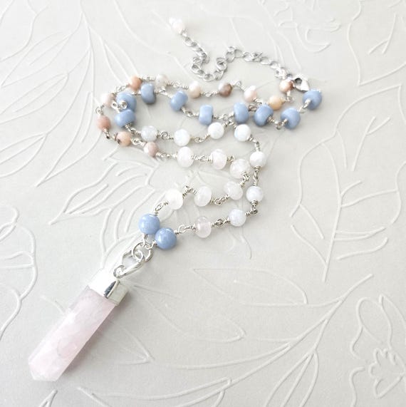 Silver Rose Quartz Point Necklace with Angelite Pink Opal Moonstone