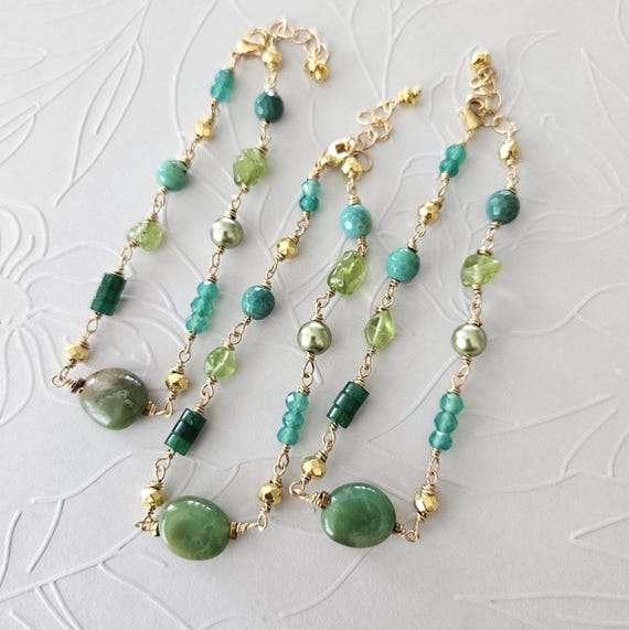 Green Gemstone Wire-Wrapped Bracelet in Gold : Chrysoprase, Green Onyx, Peridot, Malachite