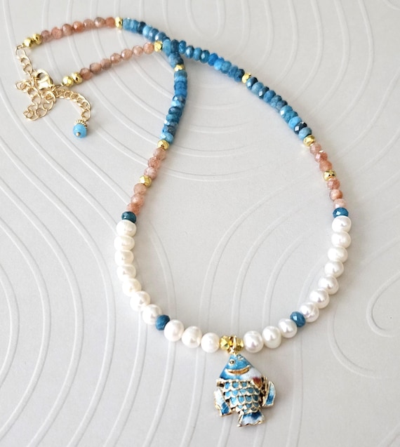 Blue Fish Necklace with Pearls, Sunstone, Apatite / Fun Colorful Fish Jewelry