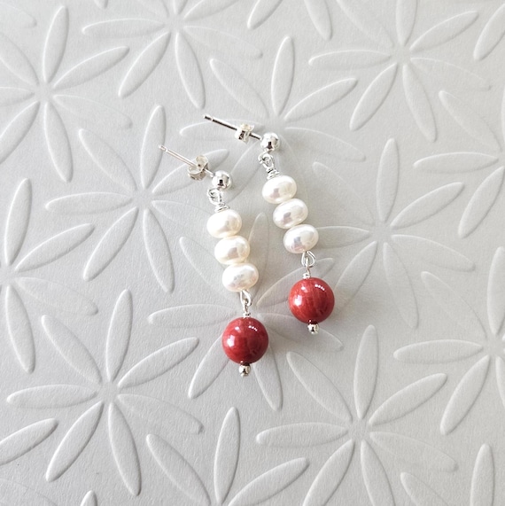 Coral and White Freshwater Pearls Drop Earrings with Sterling Silver Posts