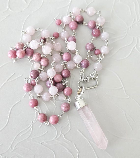 Rose Quartz & Rhodonite Pendant Necklace in Wire-wrapped Silver