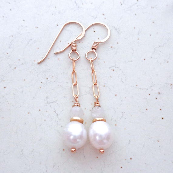 June Birthstone Earrings / Moonstone and Pearl Drops / Sterling Silver or Gold-Fill