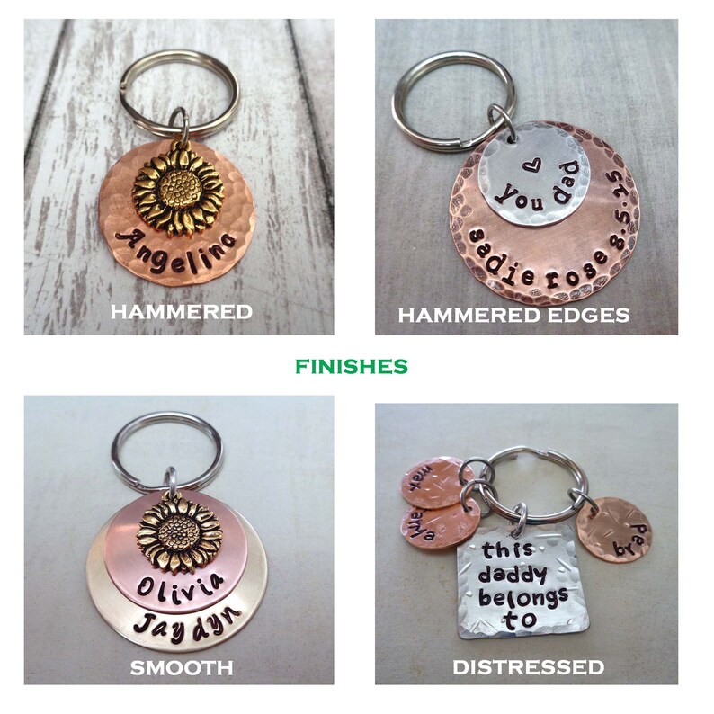 May include: Four different styles of personalised keychains with a sunflower design. The keychains are made of metal and have a hammered, hammered edges, smooth, and distressed finish.