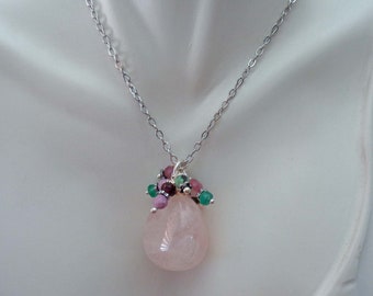 Rose Quartz Gem Cluster Necklace / Green Onyx Turquoise Pink Tourmaline Garnet / Heart Chakra Activation / Valentines Gift