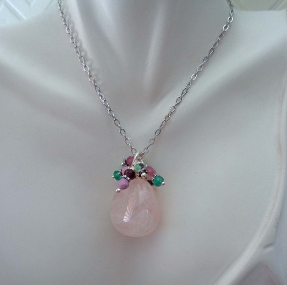 Rose Quartz Gem Cluster Necklace / Green Onyx Turquoise Pink Tourmaline Garnet / Heart Chakra Activation / Valentines Gift