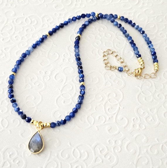 Kyanite and Blue Flash Labradorite Necklace in Gold - Gemstone Jewelry Gift