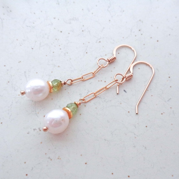 August Birthstone Earrings / Peridot and Pearl Drops / Sterling Silver or Gold-Fill