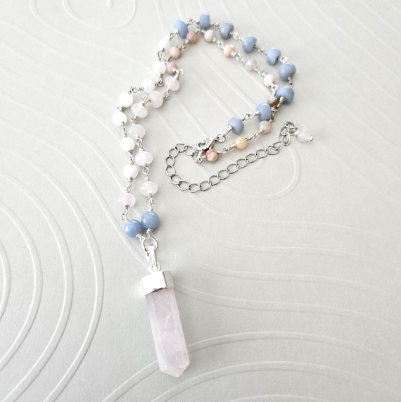 Silver Rose Quartz Point Necklace with Angelite Pink Opal Moonstone