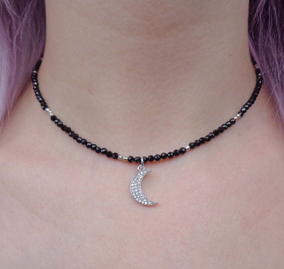 Black Spinel Sterling Silver Necklace Pave CZ Moon - Genuine Black Spinel Gemstone Jewelry - Moon Necklace