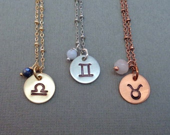 Small Zodiac Necklace / Your Sign Stone Necklace / Astrology Jewelry / Silver Gold Copper Zodiac Jewelry