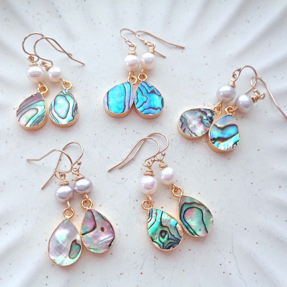 Abalone & Pearl Earrings / Paua Shell Jewelry / Gold Fill Abalone Earrings / Summer Beach Jewelry