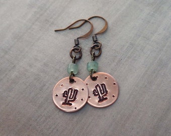 Cactus Earrings - Hand-stamped Copper Aventurine Earrings - Southwestern Jewelry - Cactus Jewelry -E137