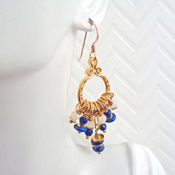 Lapis Lazuli & Moonstone Dangle Hoop Earrings