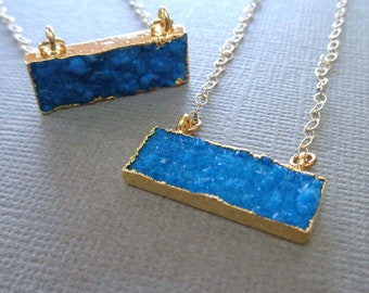 Tiny Blue Druzy Bar Necklace / Minimalist Crystal Necklace / Blue Druzy Jewelry //GD36