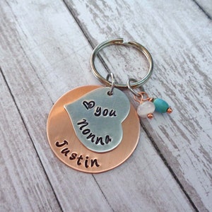 Personalized Grandma Nonna Nana Keychain: Hand-Stamped Copper & Aluminum, Rose Quartz