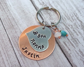 Personalized Grandma Nonna Nana Keychain: Hand-Stamped Copper & Aluminum, Rose Quartz