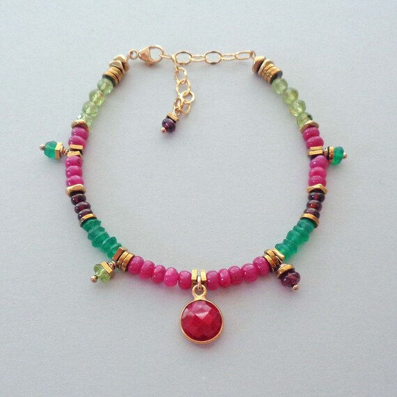 Genuine Ruby Bracelet with Peridot, Garnet, & Green Onyx / Colorful Ruby Jewelry / Unique Gemstone Bracelet / Luxe July Gift
