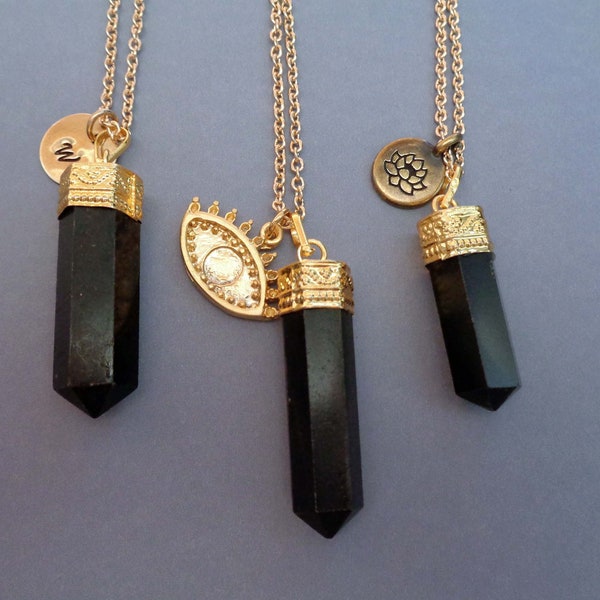 Black Tourmaline Gold Necklace / Protection Stone / Evil Eye Charm / Custom Initial / Lotus Charm