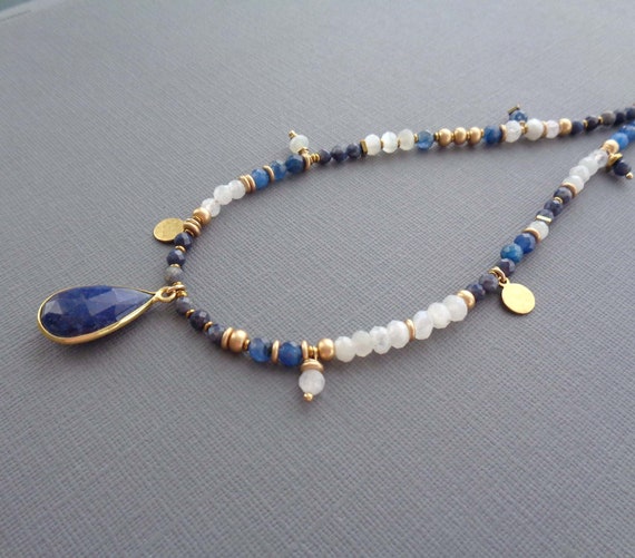 Sapphire Moonstone Gemstone Necklace / September Birthstone Gift / Luxe Jewelry / 5year Anniversary Gift